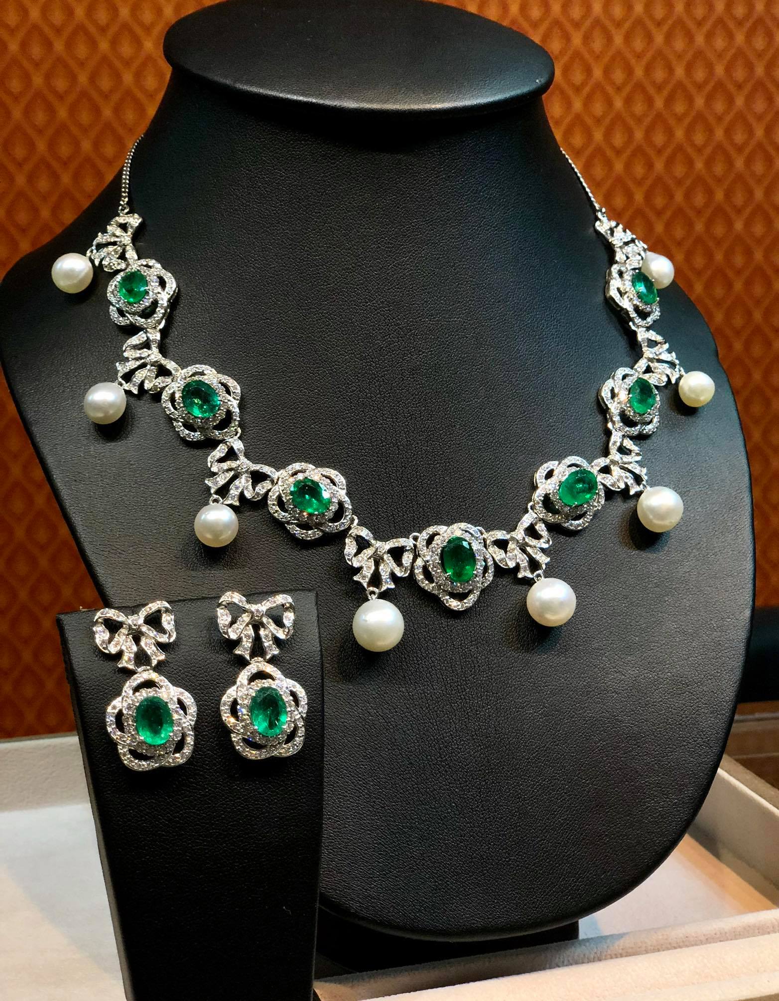 Cute & Lovely! With South Sea Pearls and Genuine Emeralds and Diamonds in bow-design necklace!