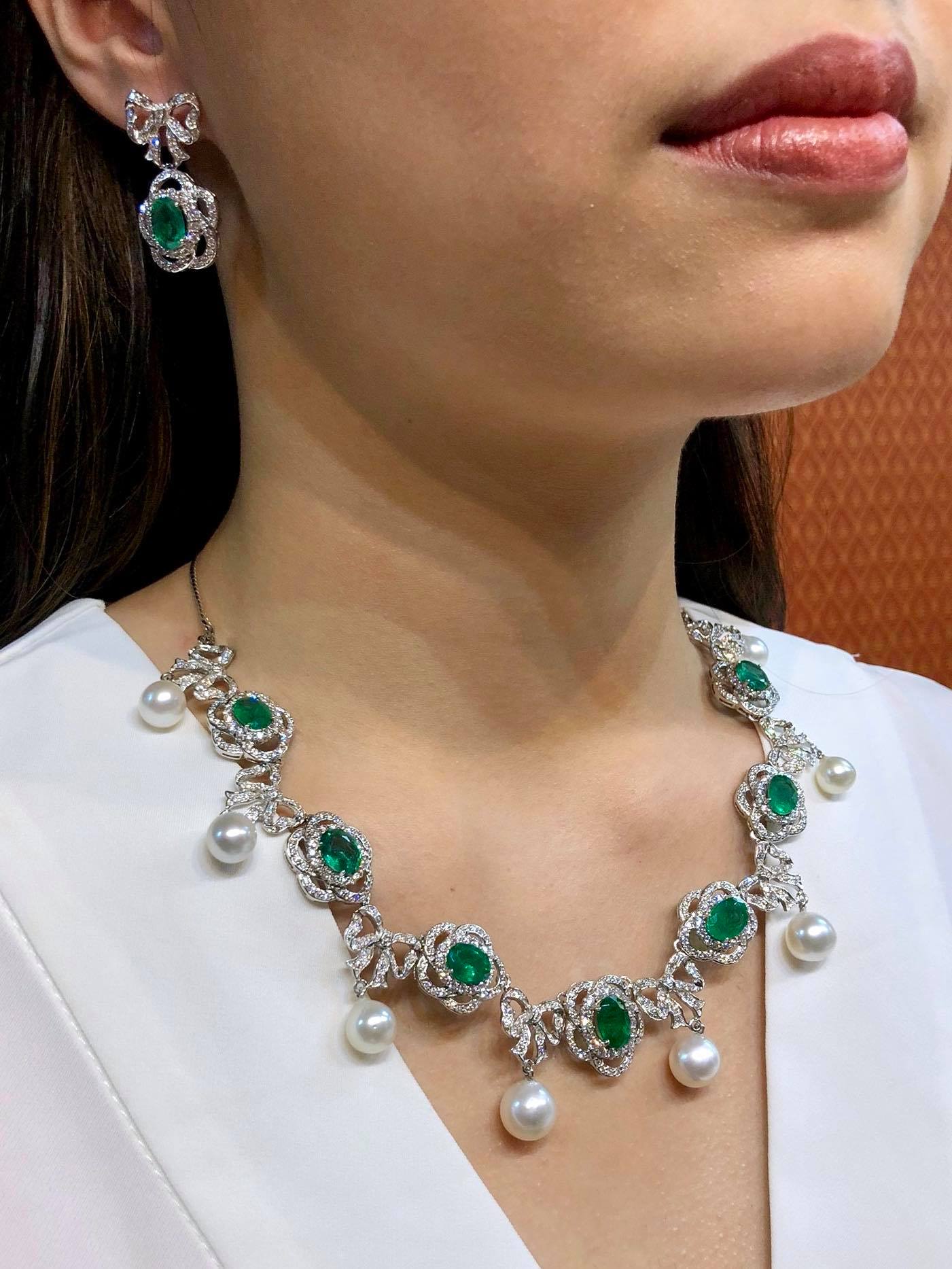 Cute & Lovely! With South Sea Pearls and Genuine Emeralds and Diamonds in bow-design necklace!