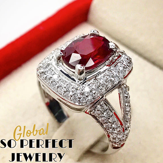 BLOOD RED 2.99TCW Ruby & Diamonds in 18K solid white gold ring heat only certified
