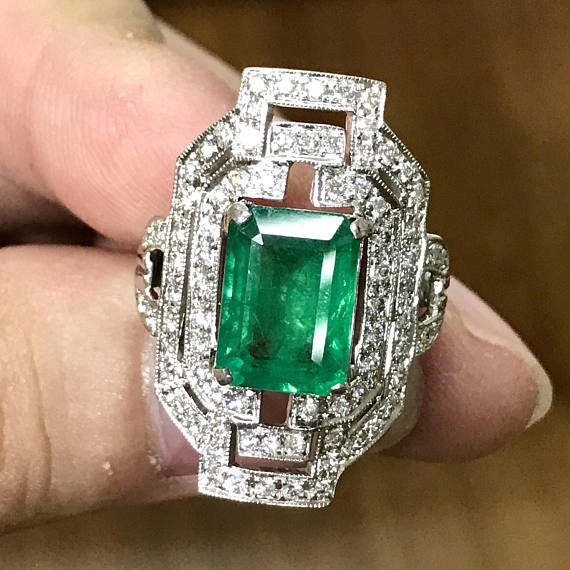 Art-Deco 5.57TCW Natural Emerald & Diamonds in 18k solid white gold ring engagement zambian