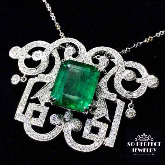 Art-Deco 11.74TCW Emerald & Diamonds 18K Solid white Gold Pendant Necklace 1920's vintage zambia