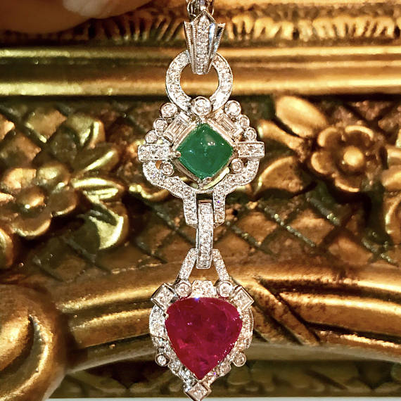 ART-DECO 6.90TCW Burmese Ruby Colombian Emerald & Diamonds in 18k solid white gold pendant necklace Edwardian
