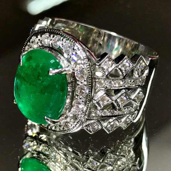 ART DECO 4.88TCW. Colombian Emerald & Diamonds in 18k solid handcrafted ring engagement wedding cabochon
