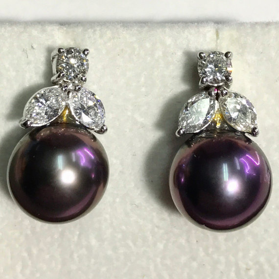 10.5 TAHITI South Sea Pearls & 1.50cts Diamonds In 18K Solid white Gold Earrings black purple rare