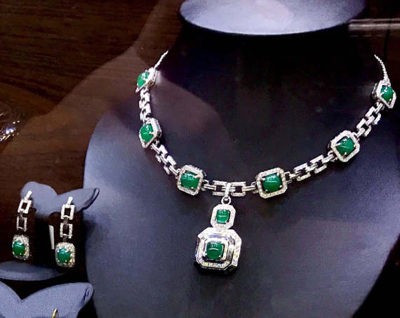 26.21TCW Colombian Emerald Set Diamond necklace pendant earrings white gold natural