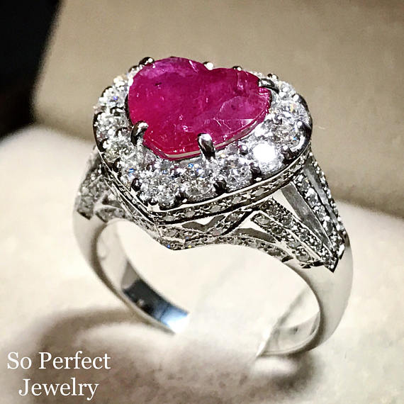 3.71TCW BURMESE RUBY & Diamonds in 18K solid handmade white gold ring engagement natural certified july BURMA heart