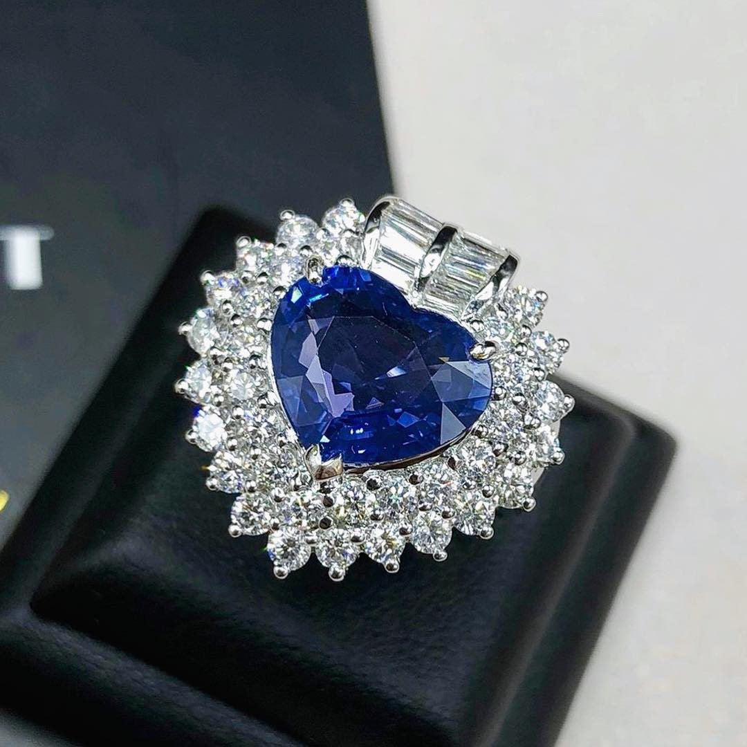 CEYLON! 6.93TCW Blue Sapphire & Diamonds in 18K solid white gold ring engagement vintage clean wedding natural genuine cornflower heart