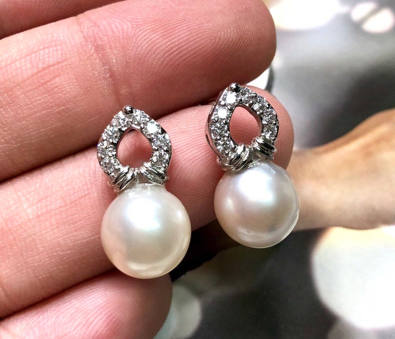 11mm Authentic White South Sea Pearls & Diamonds In 18K Solid White Gold Earrings handmade custom-made dangle drop party cocktail wedding