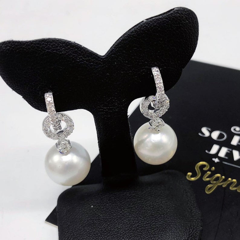 2-in-1 DANGLING South Sea 13mm Pearls Diamonds 18K Solid white hoop Gold Earrings handmade chandelier wedding natural art deco vintage big