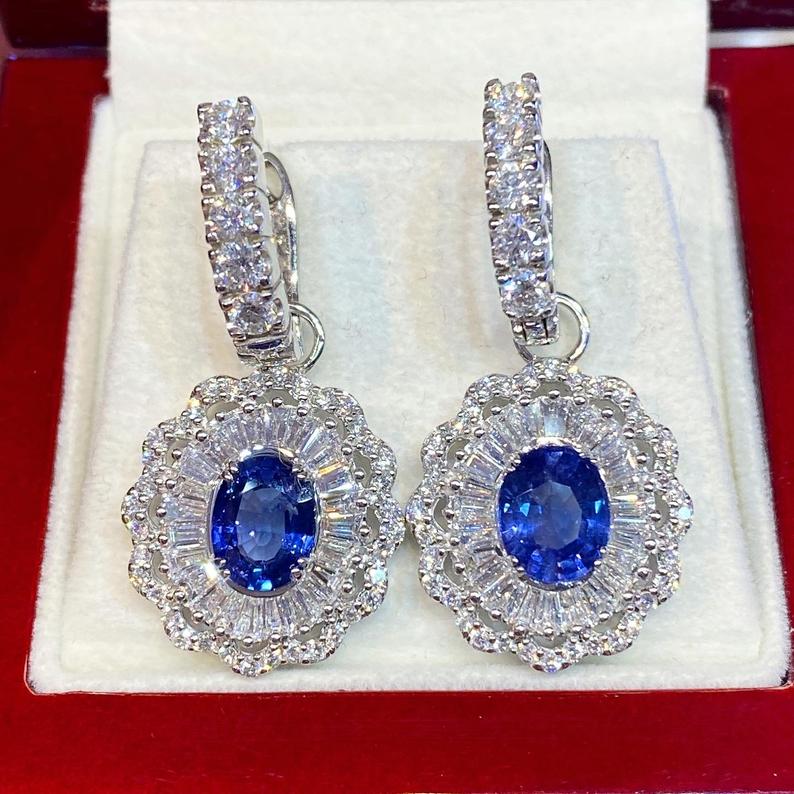 2-IN-1! 6.80TCW CEYLON Blue Sapphire VS diamonds in 18K solid white gold handmade earrings natural dangle chandelier wedding ballerina