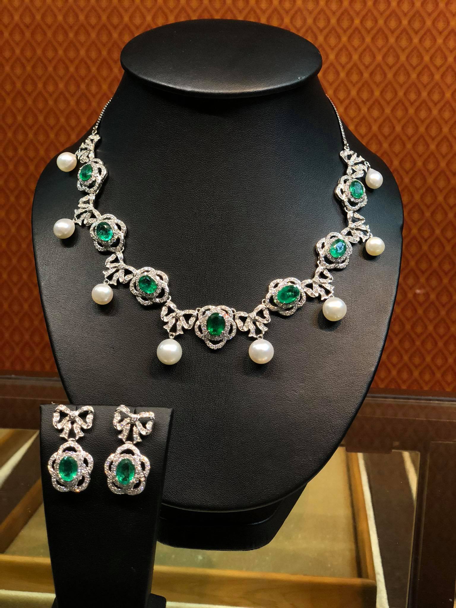 Cute & Lovely! With South Sea Pearls and Genuine Emeralds and Diamonds in bow-design necklace!