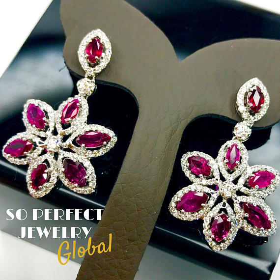 SIAMESE 7.68TCW Ruby & Diamonds 18K solid handmade white gold chandelier earrings