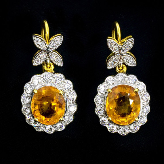 Dazzling 6.89TCW Yellow Sapphire & Diamonds in 18K yellow solid gold earrings