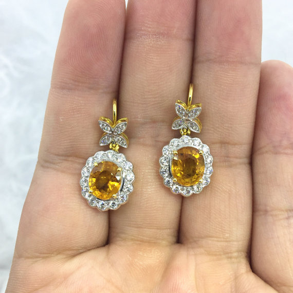 Dazzling 6.89TCW Yellow Sapphire & Diamonds in 18K yellow solid gold earrings