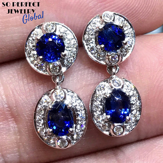 STUNNING 2.64TCW CEYLON Blue Sapphire & diamonds in 18K solid white gold earrings