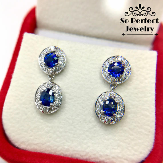 STUNNING 2.64TCW CEYLON Blue Sapphire & diamonds in 18K solid white gold earrings