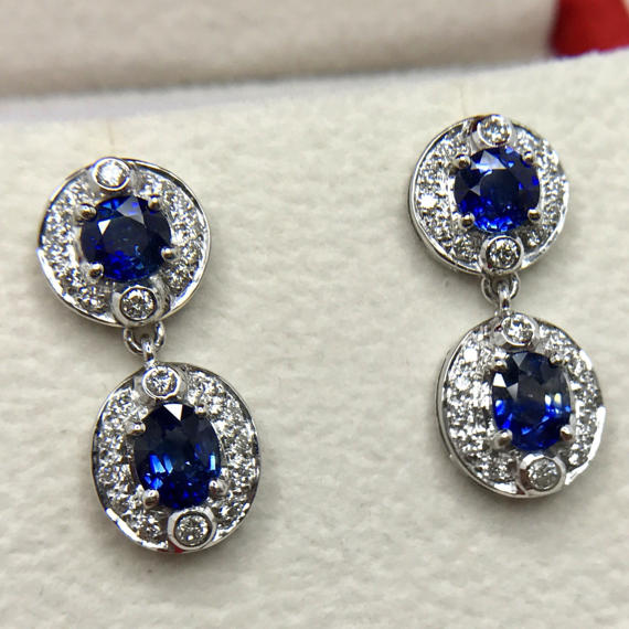 STUNNING 2.64TCW CEYLON Blue Sapphire & diamonds in 18K solid white gold earrings