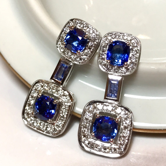 STUNNING 4.48TCW CEYLON Blue Sapphire & diamonds in 18K solid white gold earrings