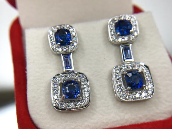 STUNNING 4.48TCW CEYLON Blue Sapphire & diamonds in 18K solid white gold earrings