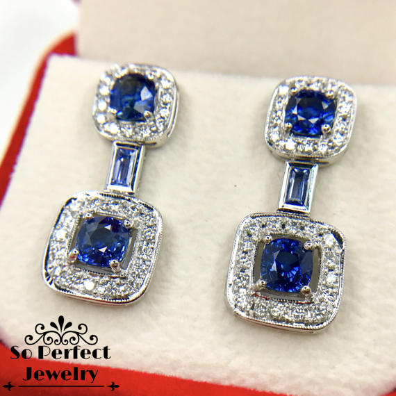 STUNNING 4.48TCW CEYLON Blue Sapphire & diamonds in 18K solid white gold earrings