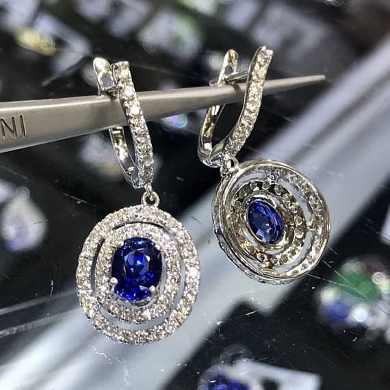 STUNNING 3.62TCW CEYLON Blue Sapphire & VVS diamonds in 18K solid white gold earrings