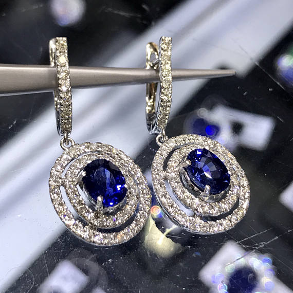 STUNNING 3.62TCW CEYLON Blue Sapphire & VVS diamonds in 18K solid white gold earrings