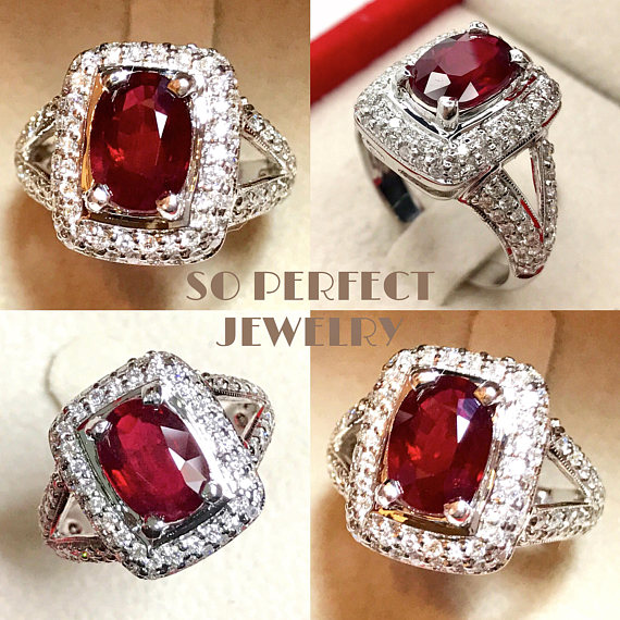 BLOOD RED 2.99TCW Ruby & Diamonds in 18K solid white gold ring heat only certified