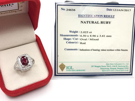 BLOOD RED 2.99TCW Ruby & Diamonds in 18K solid white gold ring heat only certified