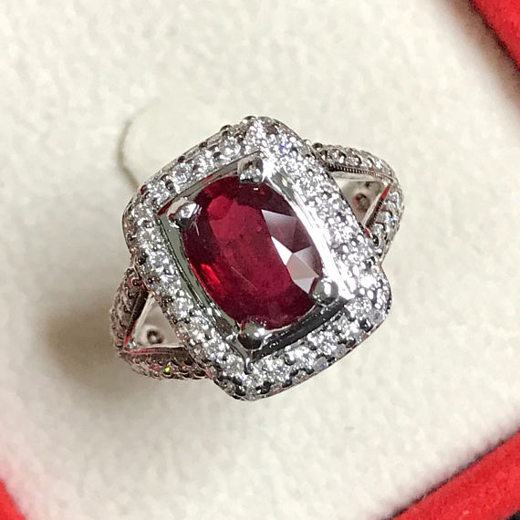 BLOOD RED 2.99TCW Ruby & Diamonds in 18K solid white gold ring heat only certified