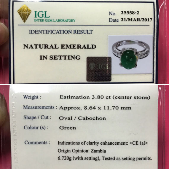 VIVID 4.40TCW Emerald & Diamonds in 18K Solid White gold ring zambian cabochon natural