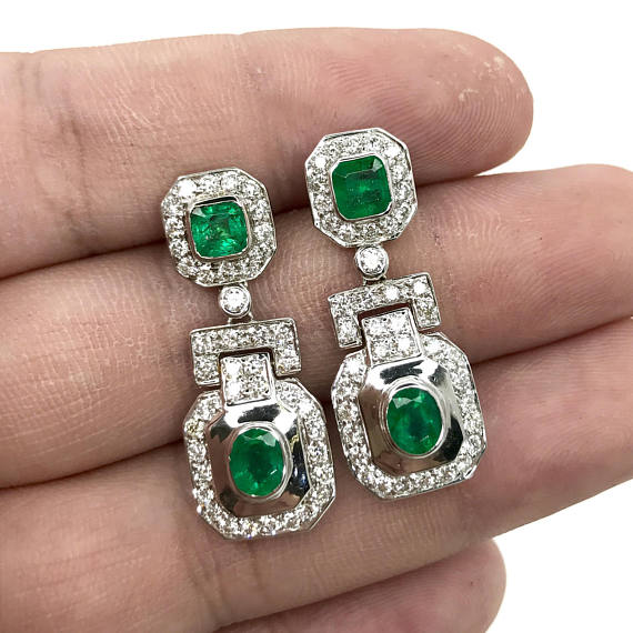 Art-Deco 4.23TCW Green Emeralds & Diamond in 18K solid WHITE gold earrings chandelier