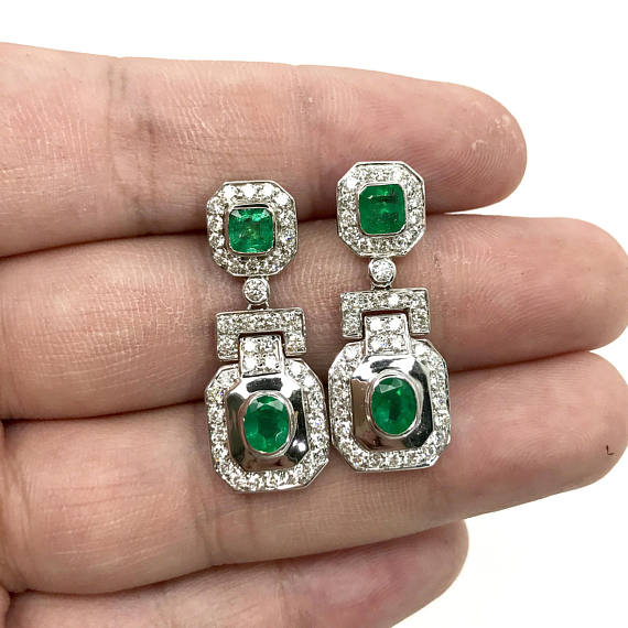 Art-Deco 4.23TCW Green Emeralds & Diamond in 18K solid WHITE gold earrings chandelier