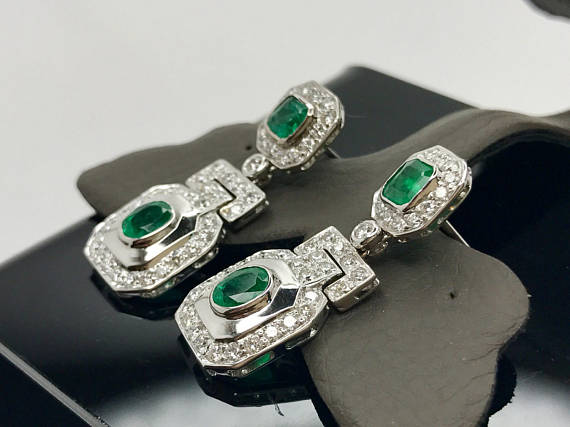 Art-Deco 4.23TCW Green Emeralds & Diamond in 18K solid WHITE gold earrings chandelier