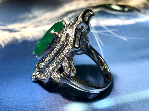 Art-Deco 5.57TCW Natural Emerald & Diamonds in 18k solid white gold ring engagement zambian