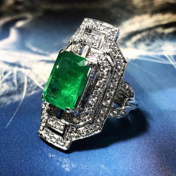 Art-Deco 5.57TCW Natural Emerald & Diamonds in 18k solid white gold ring engagement zambian