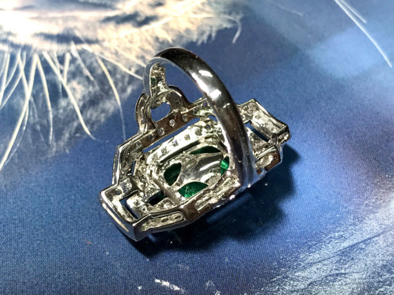 Art-Deco 5.57TCW Natural Emerald & Diamonds in 18k solid white gold ring engagement zambian