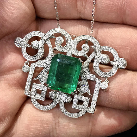 Art-Deco 11.74TCW Emerald & Diamonds 18K Solid white Gold Pendant Necklace 1920's vintage zambia