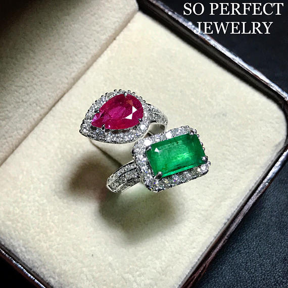 Twisted 7.321TCW Natural Emerald, ruby & VVS Diamonds in 18K solid white gold ring