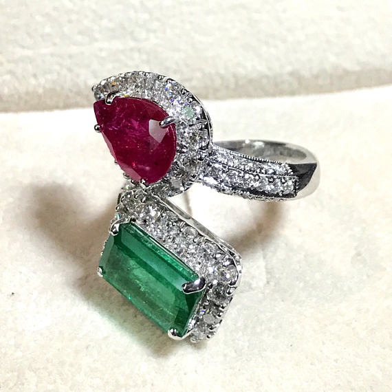 Twisted 7.321TCW Natural Emerald, ruby & VVS Diamonds in 18K solid white gold ring