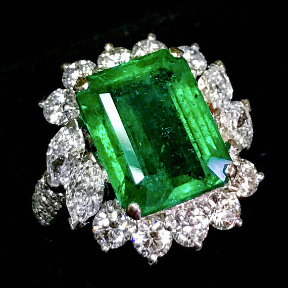 FINEST! 10.06TCW Emerald & Diamonds in 18K solid white gold ring engagement wedding