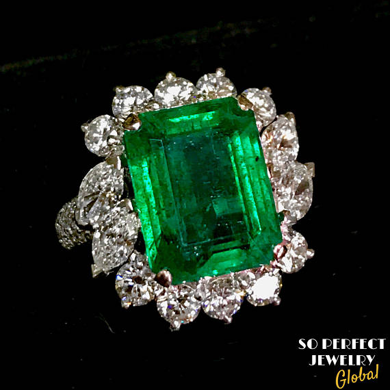 FINEST! 10.06TCW Emerald & Diamonds in 18K solid white gold ring engagement wedding