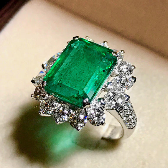 FINEST! 10.06TCW Emerald & Diamonds in 18K solid white gold ring engagement wedding