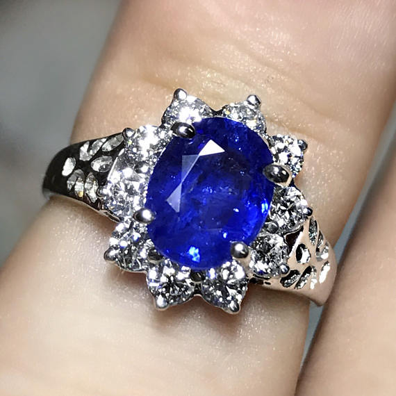 CEYLON 1.91TCW Blue Sapphire & Diamonds in 18K solid handmade white gold ring engagement