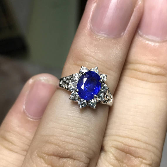 CEYLON 1.91TCW Blue Sapphire & Diamonds in 18K solid handmade white gold ring engagement