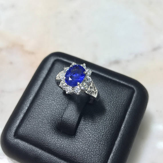 CEYLON 1.91TCW Blue Sapphire & Diamonds in 18K solid handmade white gold ring engagement