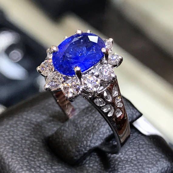 CEYLON 1.91TCW Blue Sapphire & Diamonds in 18K solid handmade white gold ring engagement