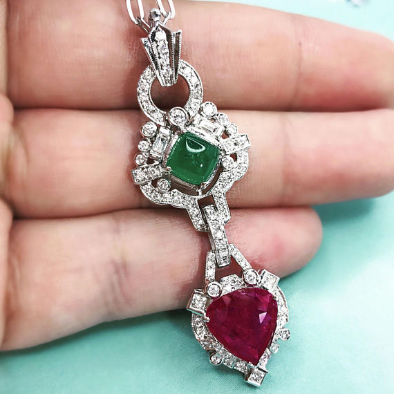 ART-DECO 6.90TCW Burmese Ruby Colombian Emerald & Diamonds in 18k solid white gold pendant necklace Edwardian