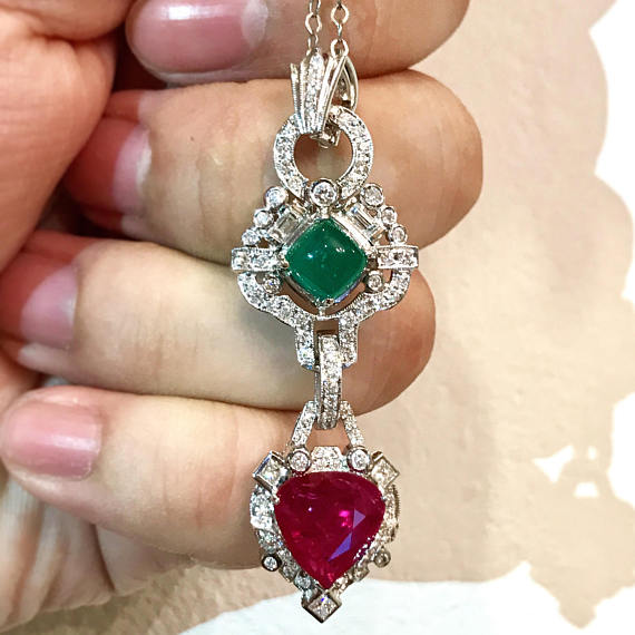 ART-DECO 6.90TCW Burmese Ruby Colombian Emerald & Diamonds in 18k solid white gold pendant necklace Edwardian