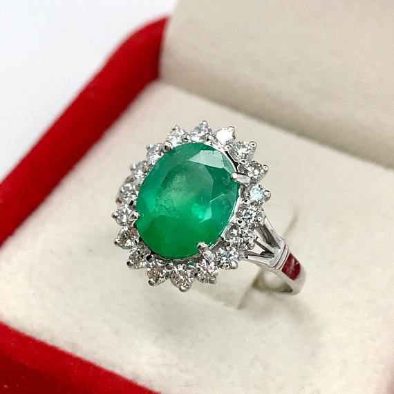 COLOMBIAN! 3.54CTW EMERALD & Diamonds in 18K solid white gold ring engagement