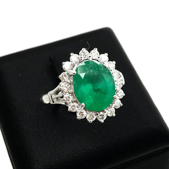 COLOMBIAN! 3.54CTW EMERALD & Diamonds in 18K solid white gold ring engagement